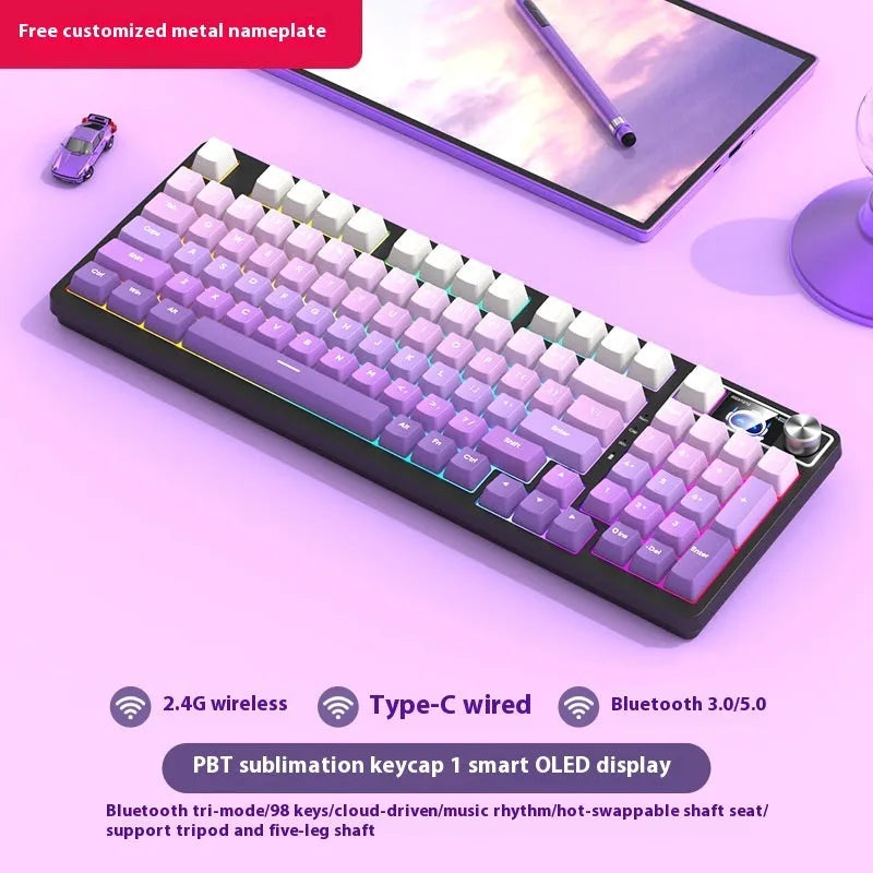 98-key wireless Bluetooth mechanical keyboard kit with metal knob on desk