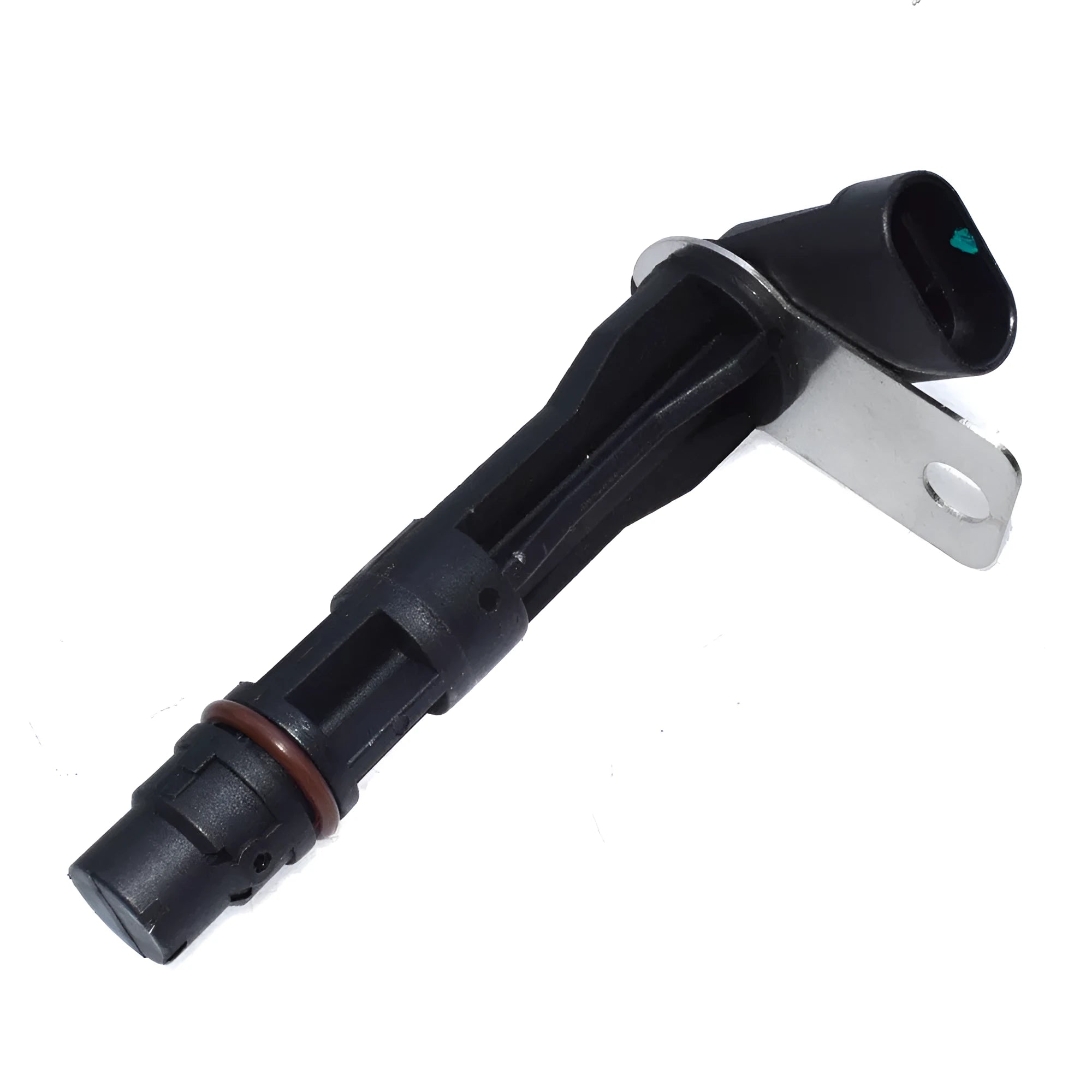 Black General Motors car sensor replacement part on a white background.