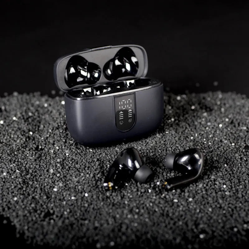 Jerry X08 wireless in-ear Bluetooth headset with digital display and charging case in Black, Grey, or White colour.