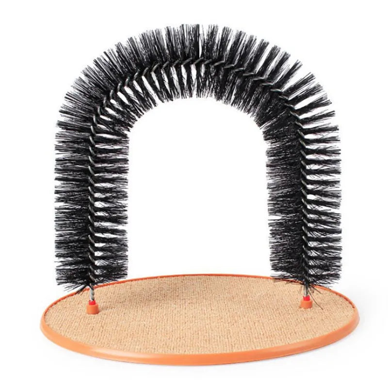 Durable plastic arched cat grooming toy with built-in brush bristles for scratching and rubbing