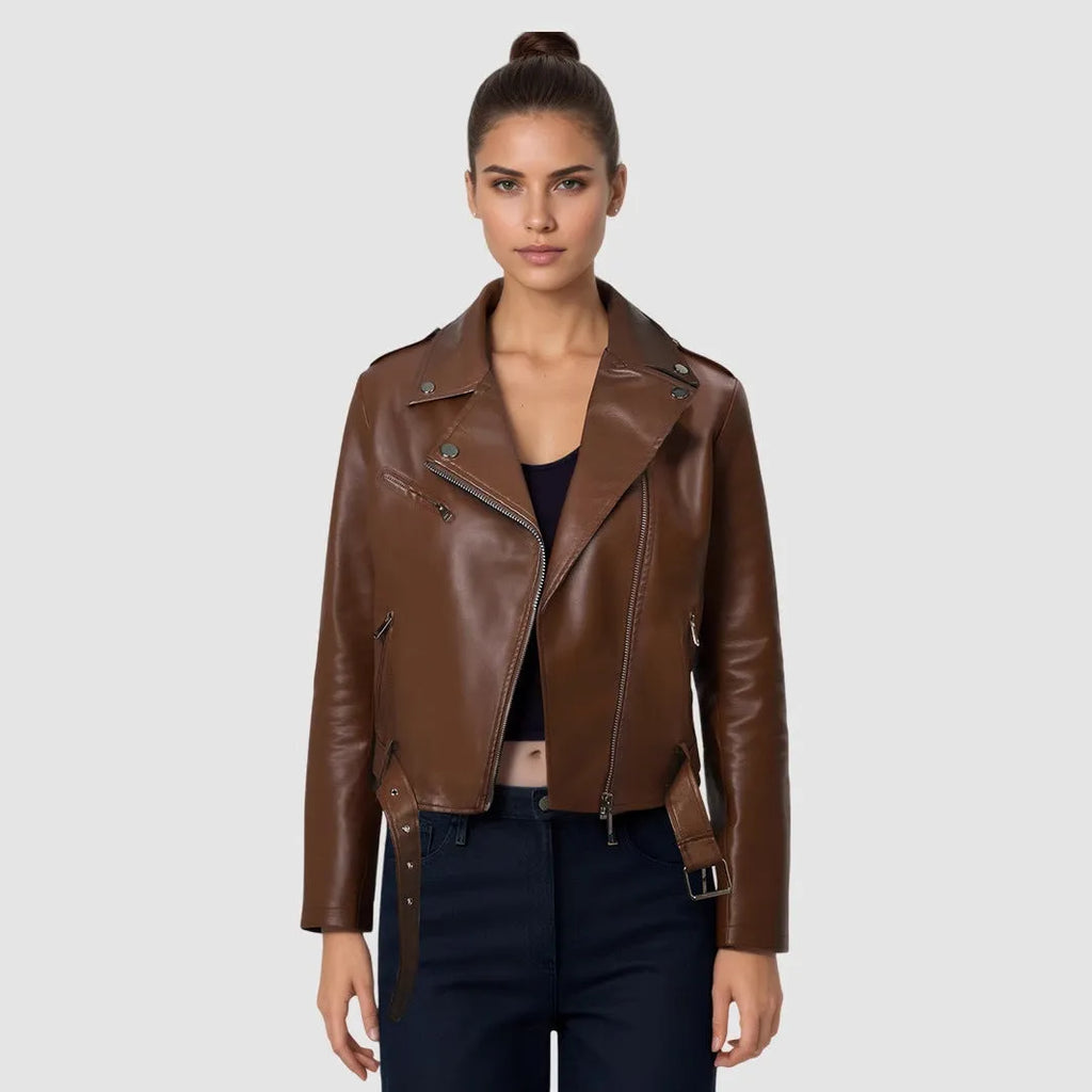 Women's black PU leather biker jacket with an adjustable waist belt, shown on a hanger.