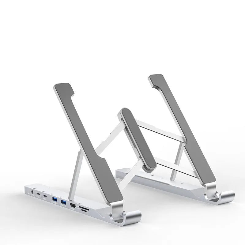 Collapsible aluminium alloy laptop cooling rack folded flat in silver color, 266mm long, with style A1 design