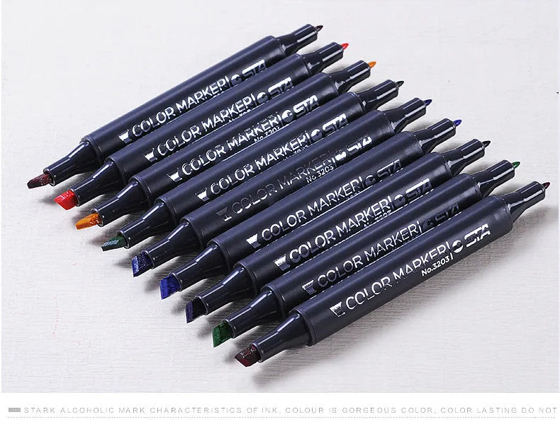 Set of double-headed alcohol marker pens with round and chisel tips for professional art and design work.