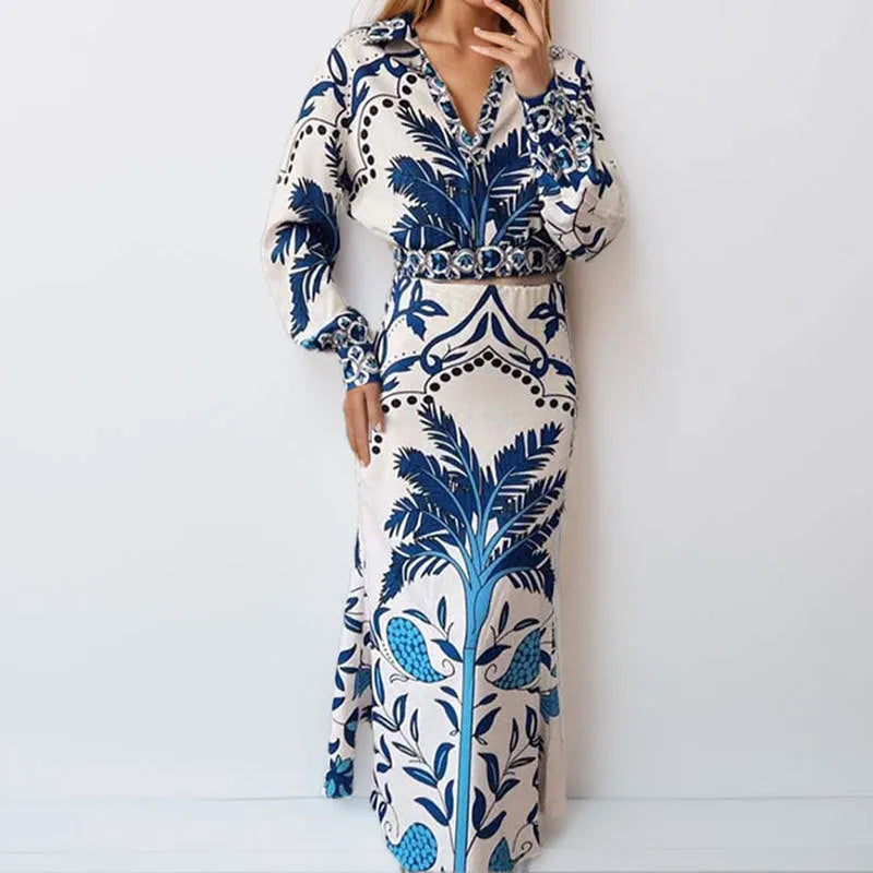 Women's floral print casual two-piece set with a long sleeve top and long skirt for early spring.