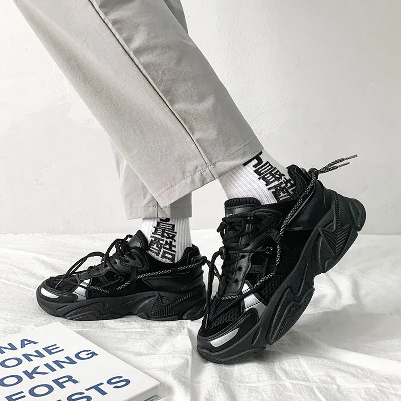 Men's Korean style platform dad shoes in white, black, or grey with lace-up front and mesh lining