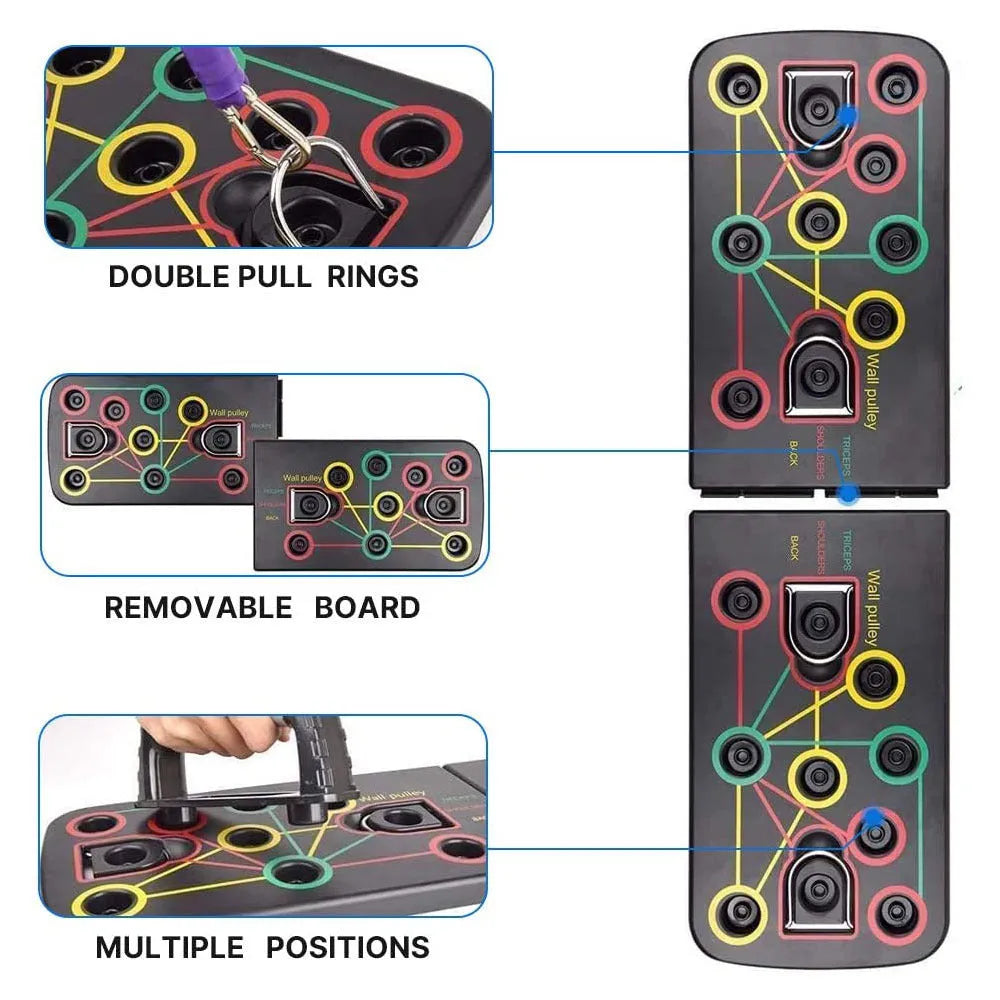 Multifunctional folding push-up board 67x19x1.5cm with pull rope bracket and two armrests