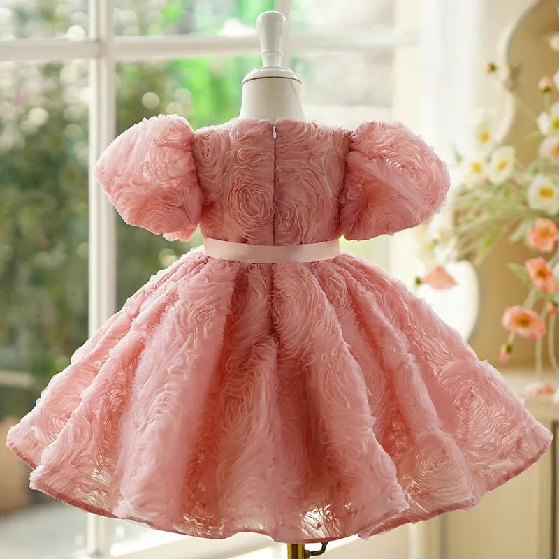Children's girls' bean pink polyester pettiskirt birthday dress with lining, side view