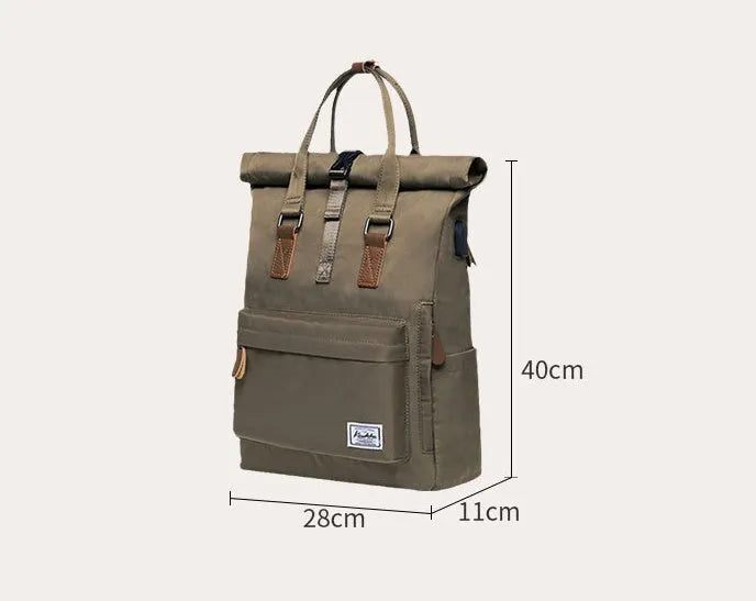 Black casual polyester backpack showing cover opening and internal laptop sleeve.