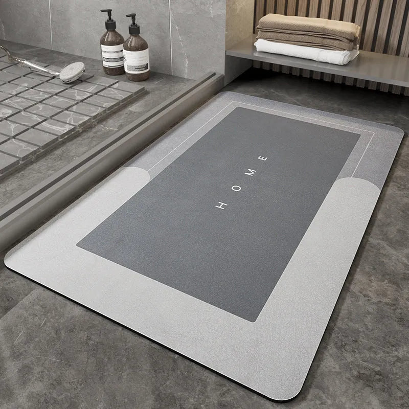 Cushioned bathroom floor mat with non-slip backing in blue colour showing oval shape on bathroom tiles