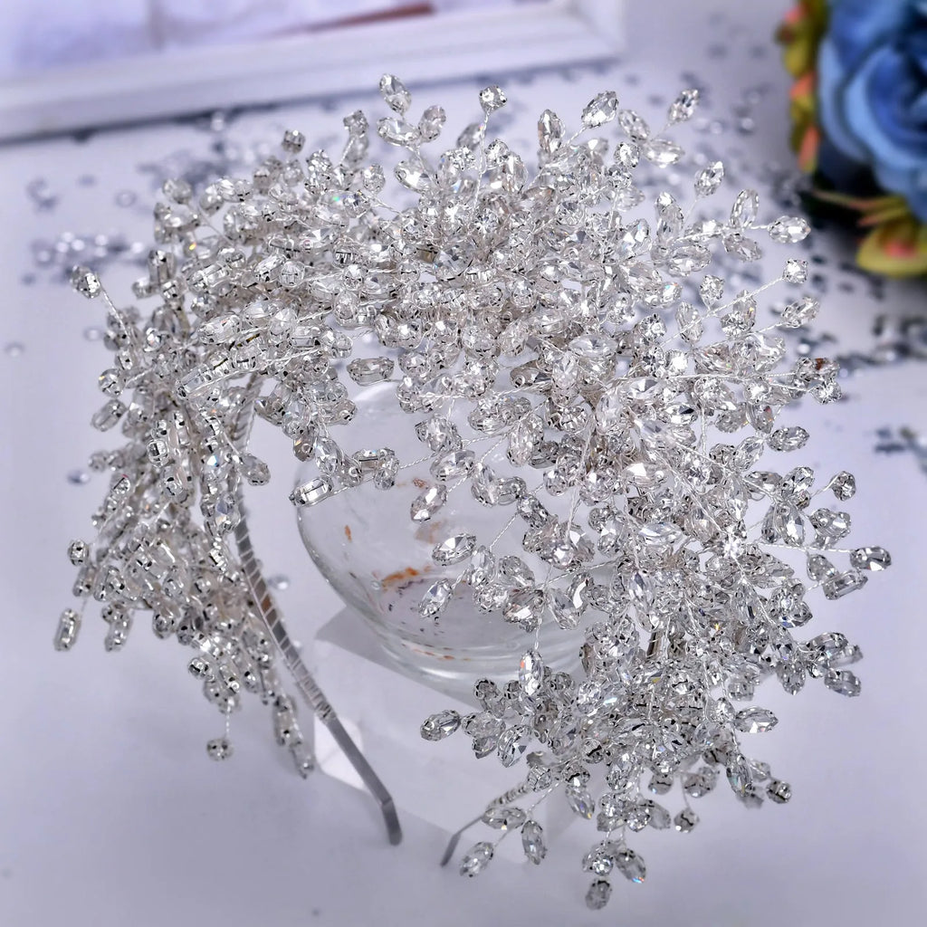 Heavy handmade rhinestone ice and snow queen wedding crown tiara in silver with crystal beaded detailing