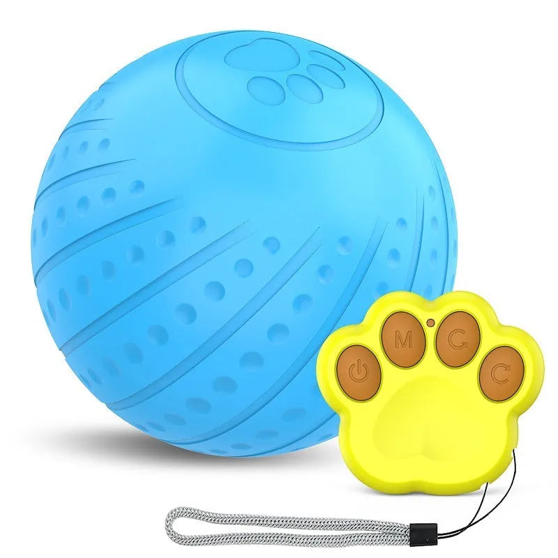 Bite-resistant rubber dog toy ball in blue, green, or orange with automatic rolling and remote control option