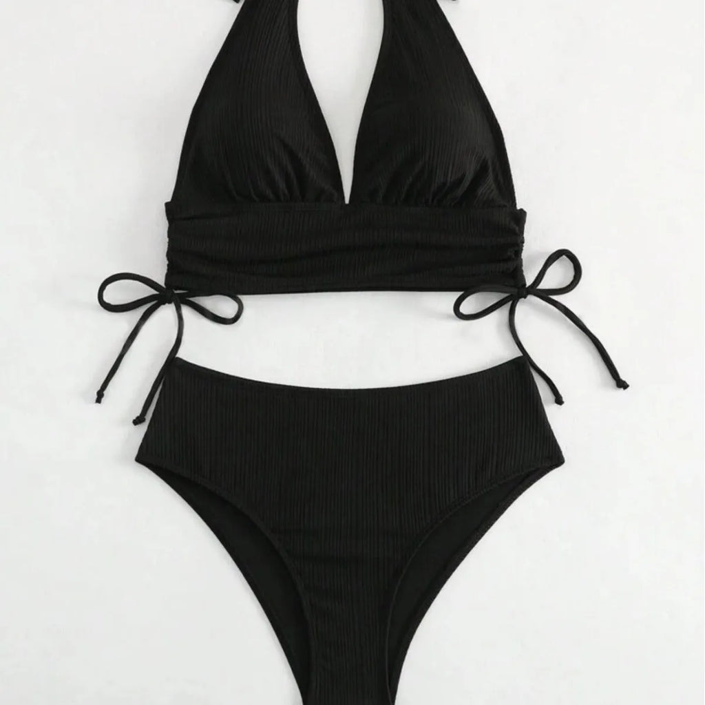 Women's black halter bikini with lace-up front detail and briefs bottoms