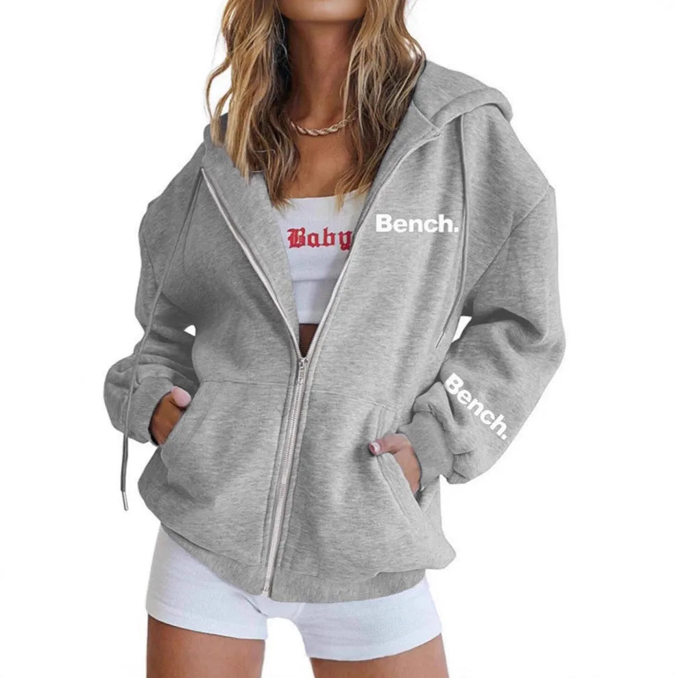 Grey loose fit zip-front hooded polyester coat on hanger
