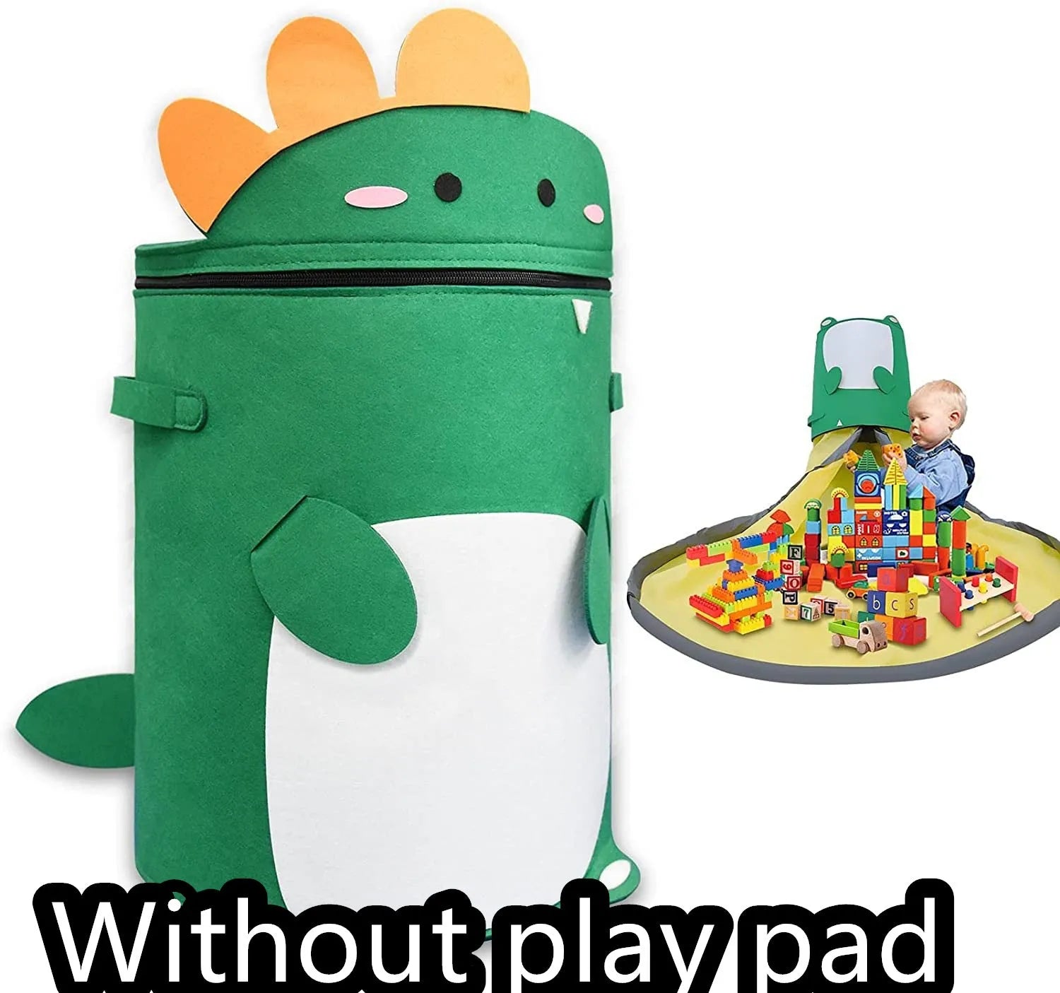 Green felt cube storage bag with pull rope, shown both as a flat play mat and gathered toy bag