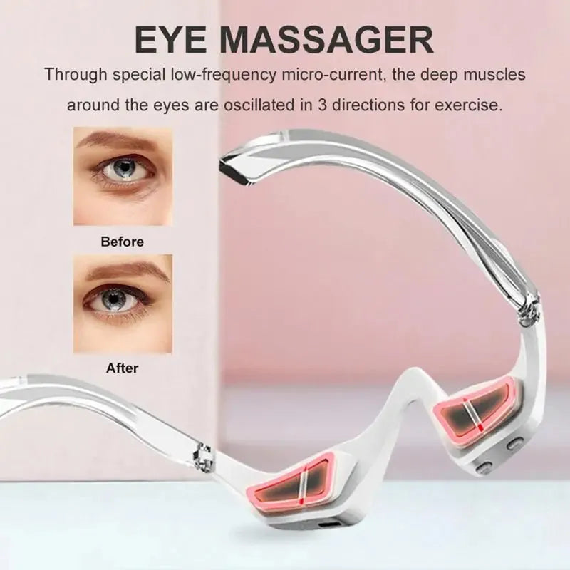 Pink and white micro-current eye massager with glasses-style design for wrinkle reduction and dark circle removal