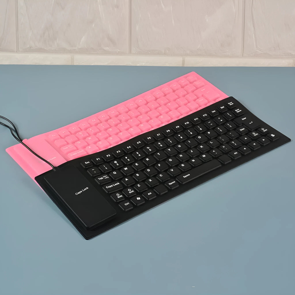 Silicone wired mini folding keyboard with mute soft keys and USB cable in black