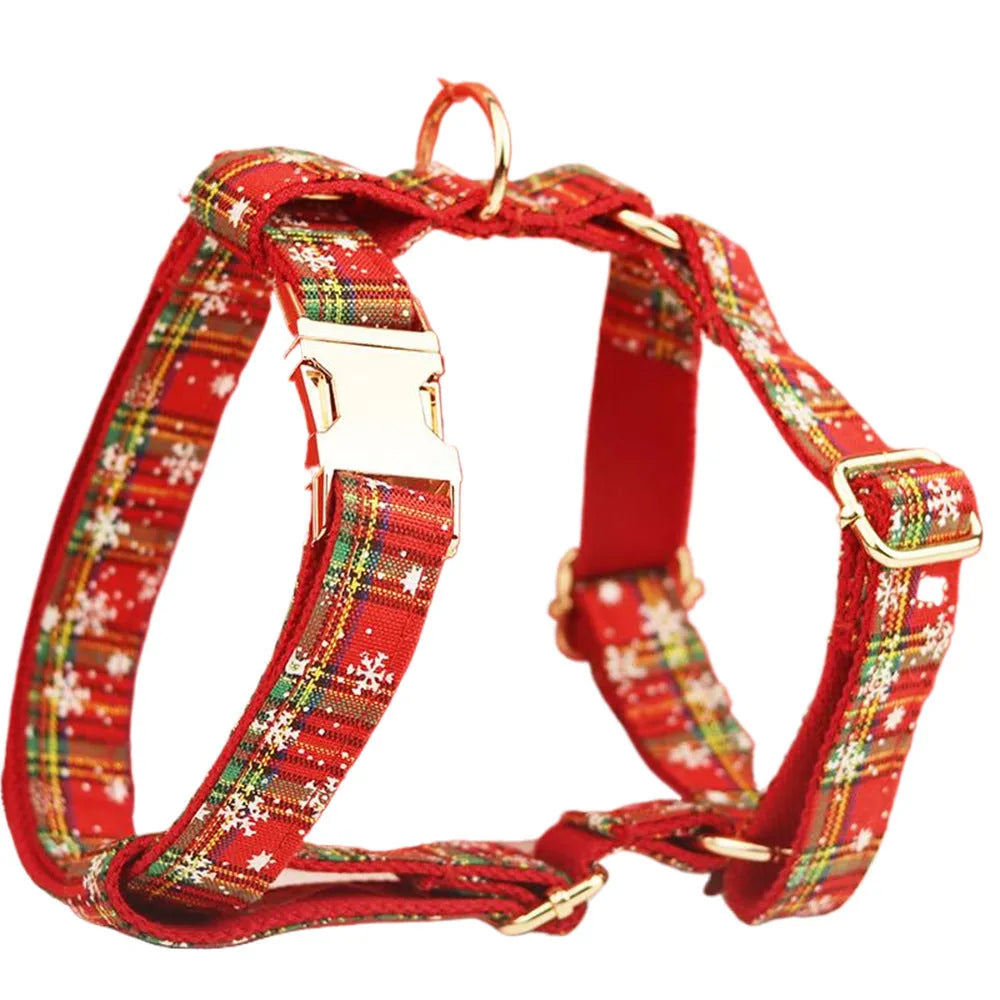 Red snowflake Christmas dog collar and leash set with plaid pattern four-piece holiday pet clothing