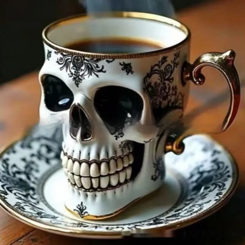 Resin Halloween cup with human skeleton design, available as Type A or Type B with or without plate
