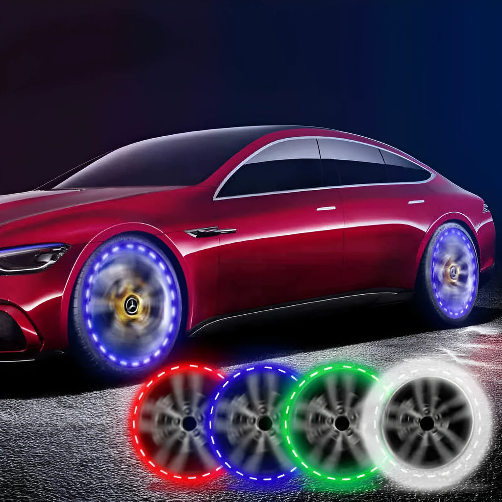 Colourful solar-powered LED valve cap light for car or bike wheel with installation screws.