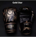 Gold children's Sanda boxing gloves with star design, showing vertical style and PU construction.