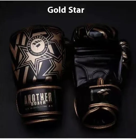 Gold children's Sanda boxing gloves with star design, showing vertical style and PU construction.