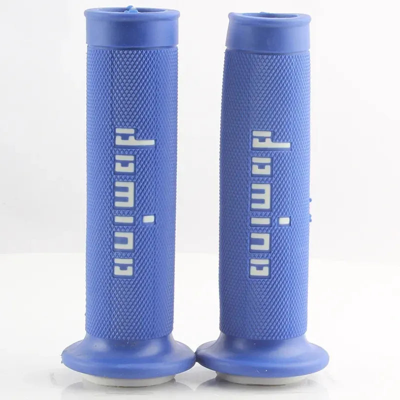 Pair of motorcycle handle gel grips in rubber material showing colour options and 22mm 24mm sizes.