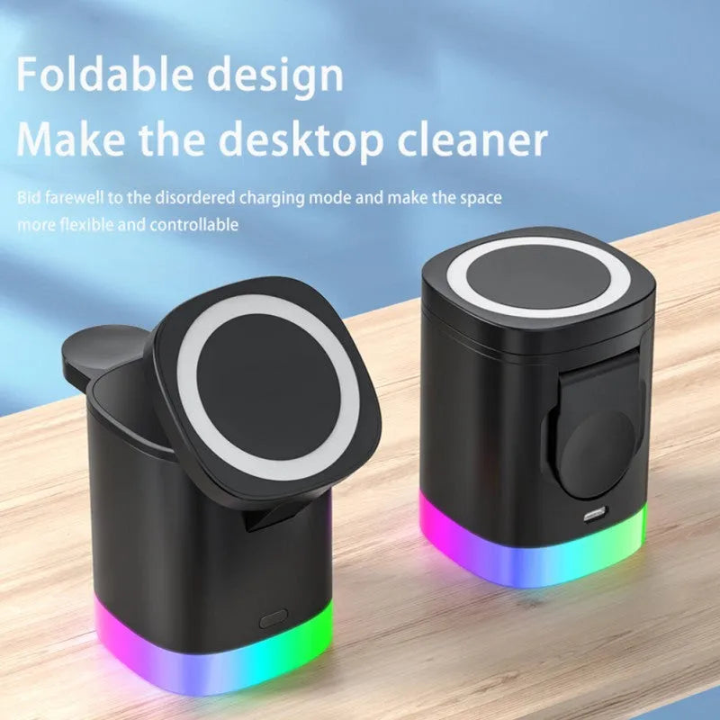 Black foldable 3-in-1 magnetic wireless charging station for iPhone, Apple Watch, and AirPods.