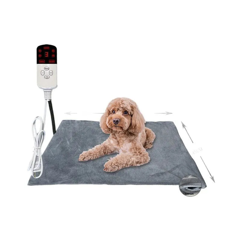 Electric warming pad for dogs and cats with waterproof leather surface, US standard plug, and grey cloth cover in 45x45cm or 45x70cm