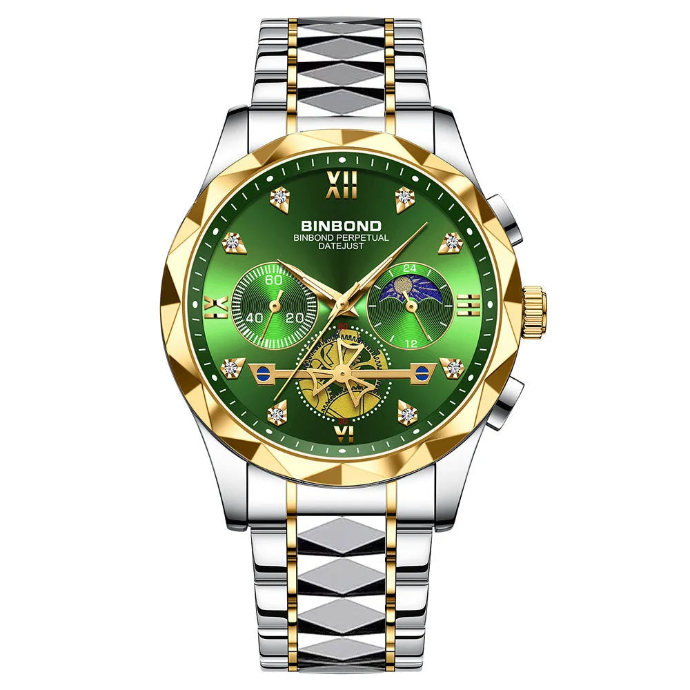 Men's casual quartz watch with round stainless steel case and strap, white dial, black bezel, 11mm thick