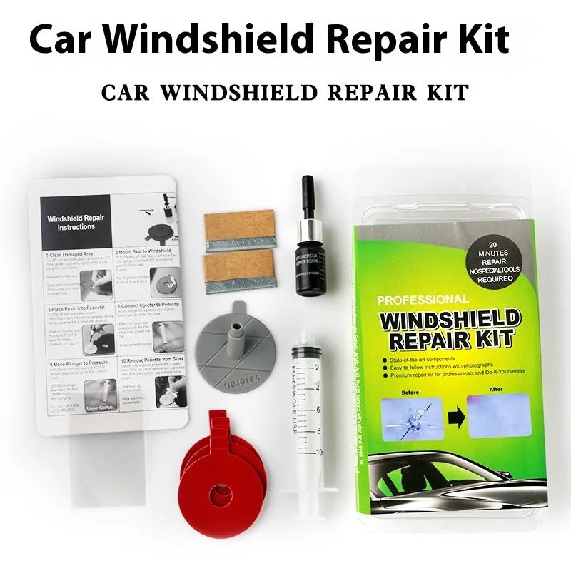 Complete car windshield repair liquid suit with green resin and curing lamp for DIY glass chip repair