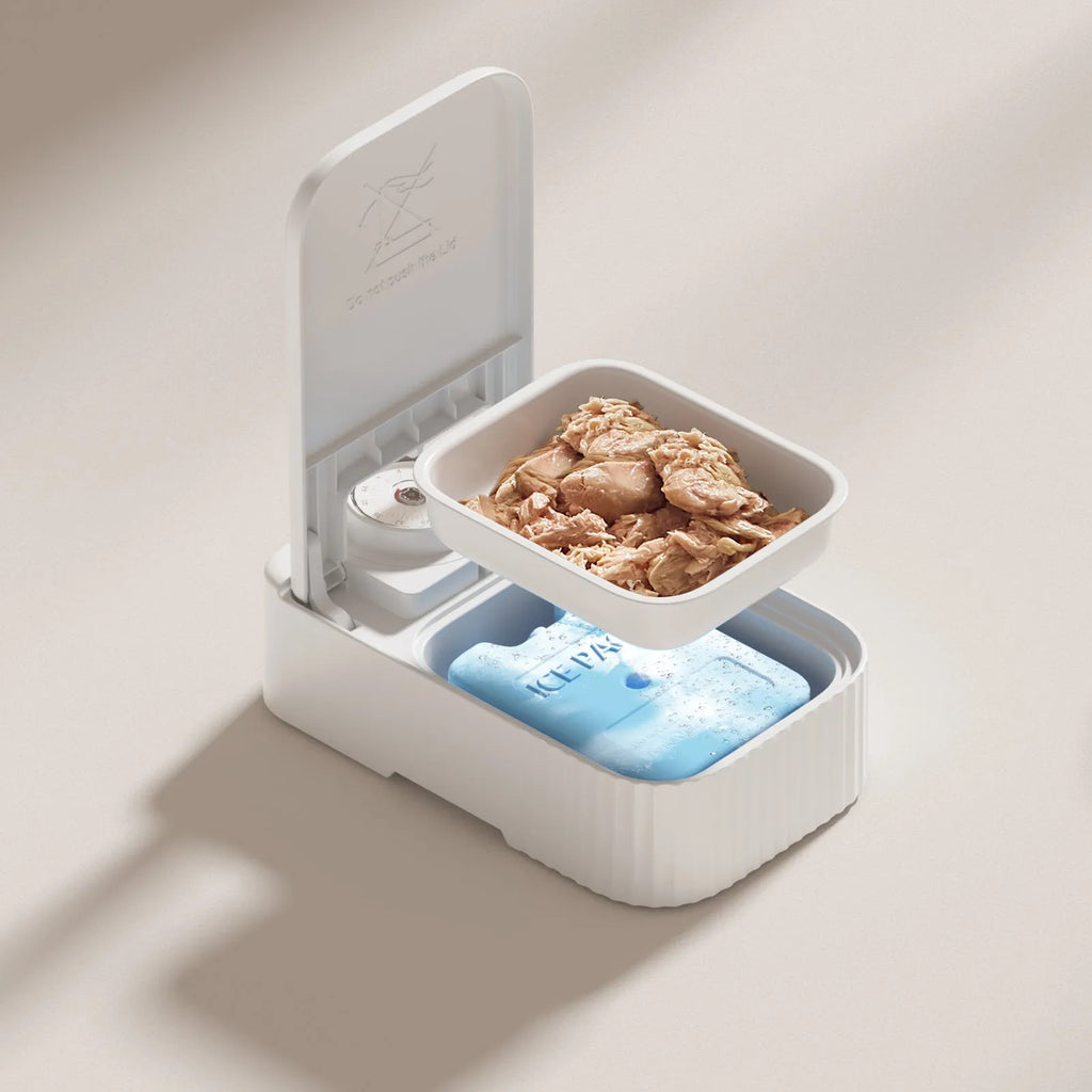White pet single meal feeder with visual timer and ice crystal cooling box