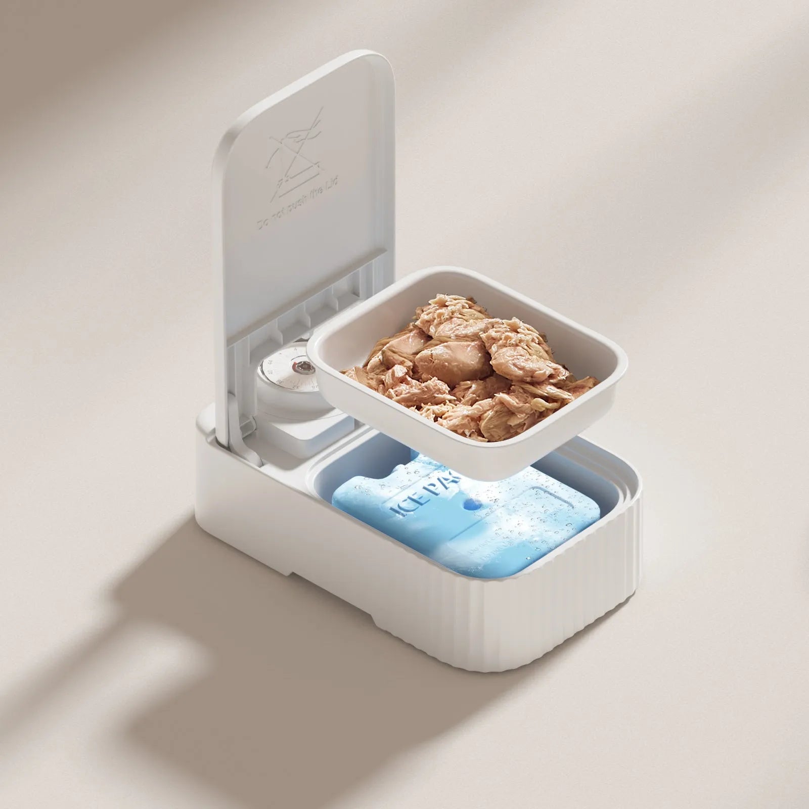 White pet single meal feeder with visual timer and ice crystal cooling box