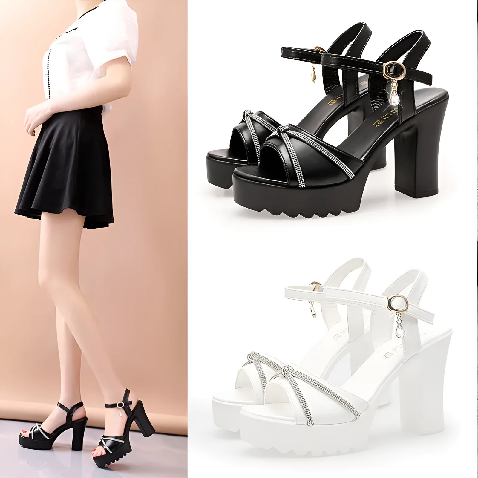 Women's black and white high heel sandals for summer in sizes 35 to 42