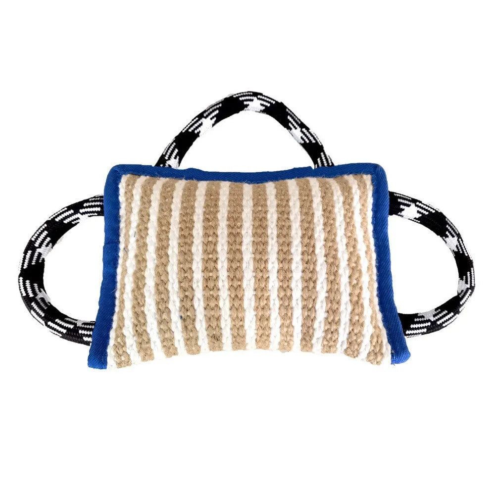 Dog jute bite pillow rope toy with three handles for tug of war games
