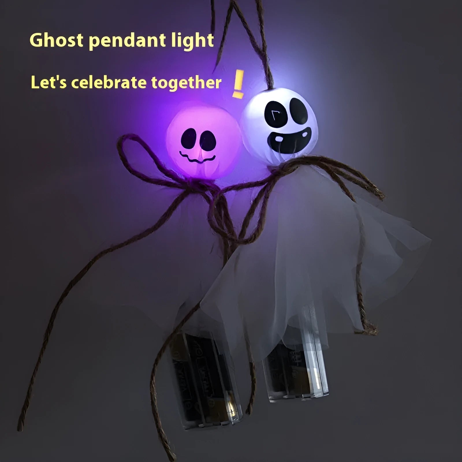 Halloween ghost LED lighting chain with colourful bulbs and battery box for cordless haunted venue decoration