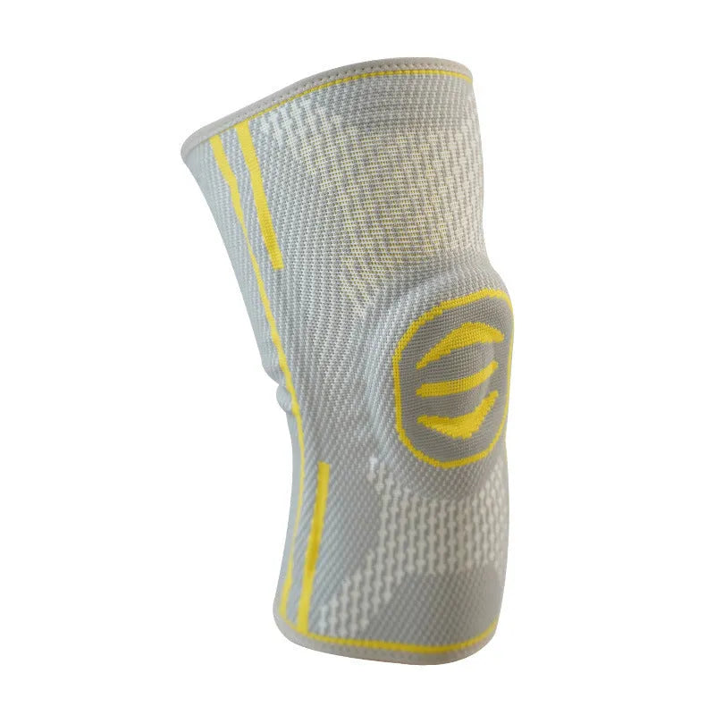 Cotton mountaineering knee pads in blue, green and yellow colours showing elastic sports knee protection