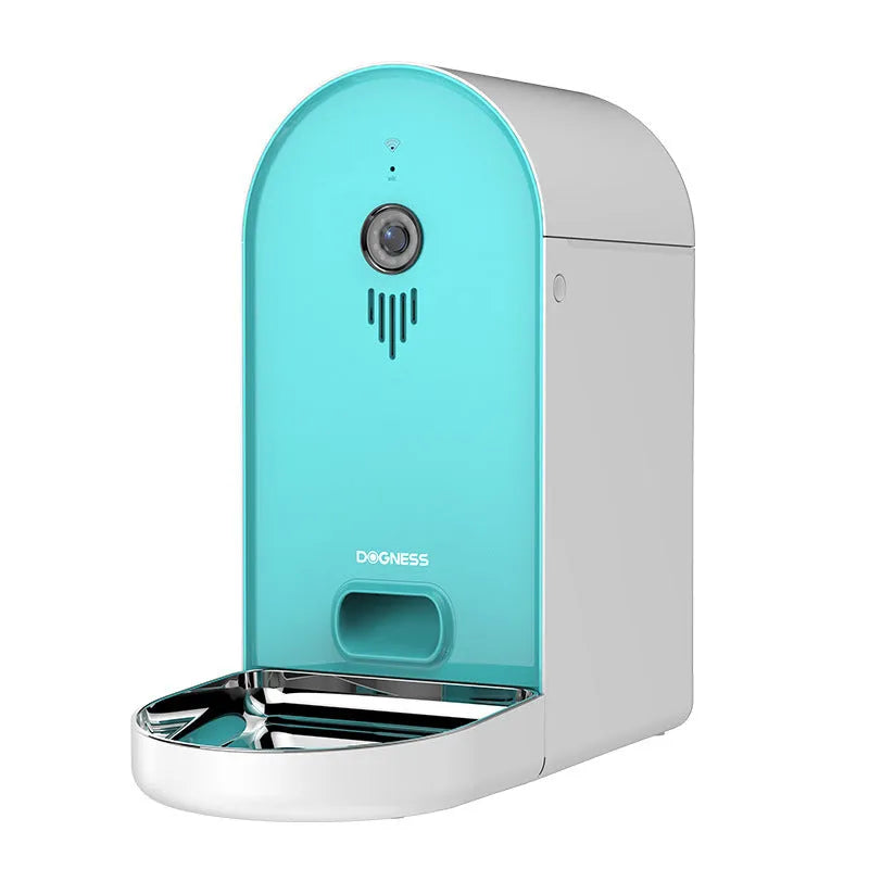 Automatic pet feeder with remote monitoring in Barbie pink and ivory white colours