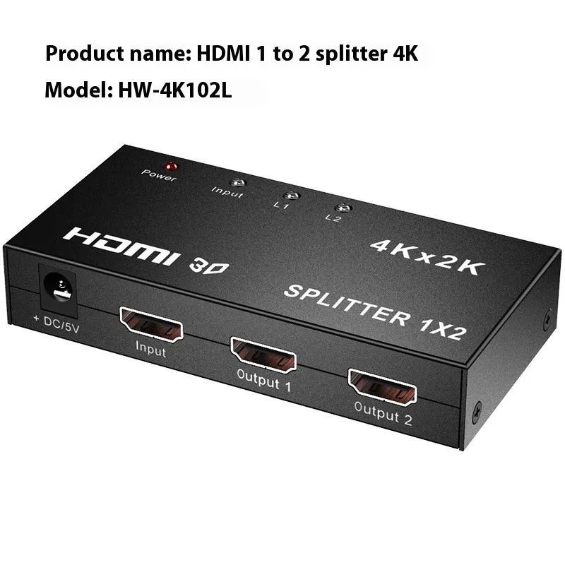 4K HDMI one-to-two splitter distributor with multiple power interface options showing front and rear connections