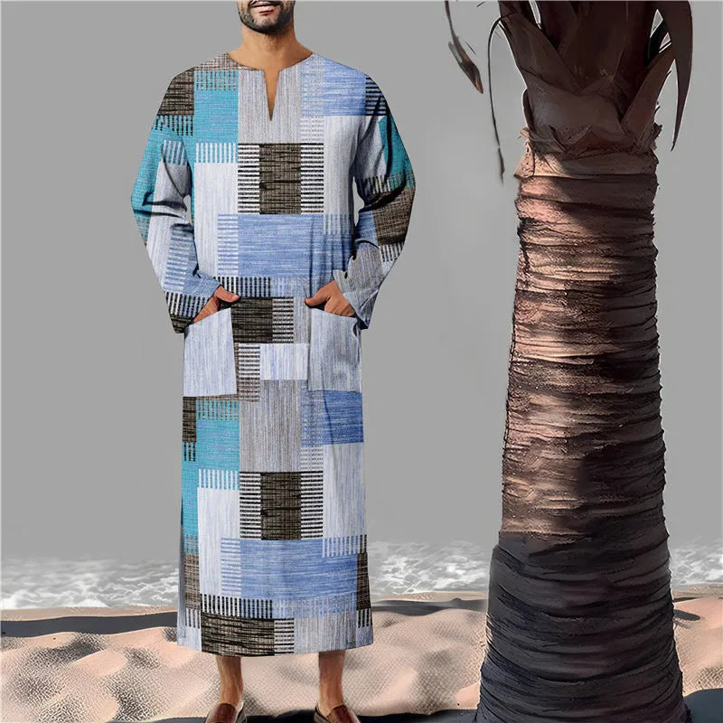 Men's long Arabic robe in bamboo linen, loose colour matching sweater style, sizes S to XXXL