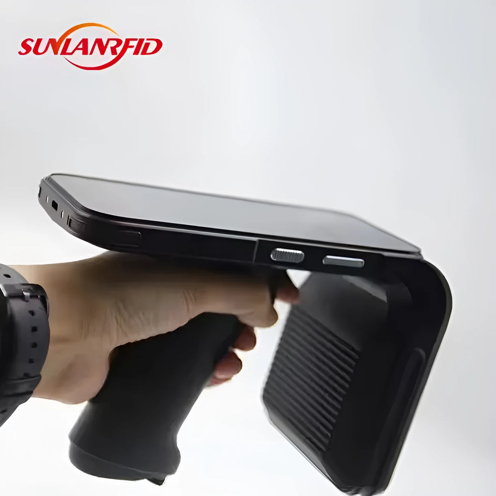 SLP-05 black Android handheld UHF RFID reader and scanner with display screen.
