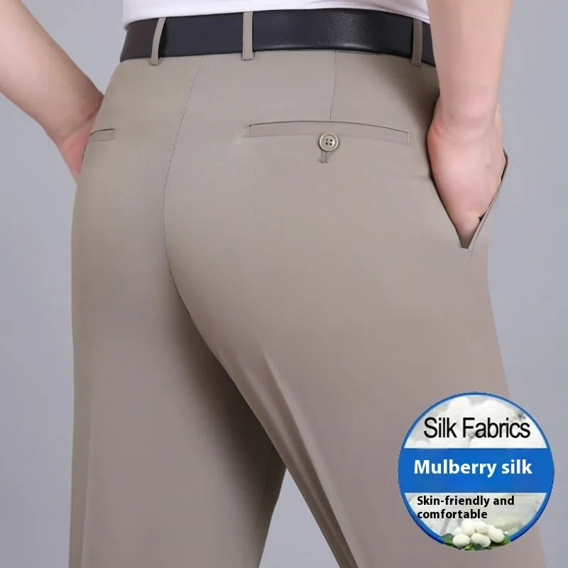 Men's straight cut business trousers in mulberry silk blend fabric with high waist design