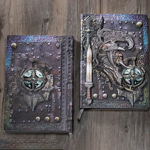 A5 leather notebook with 3D embossed warriors relief design on the cover, shown in bronze colour.