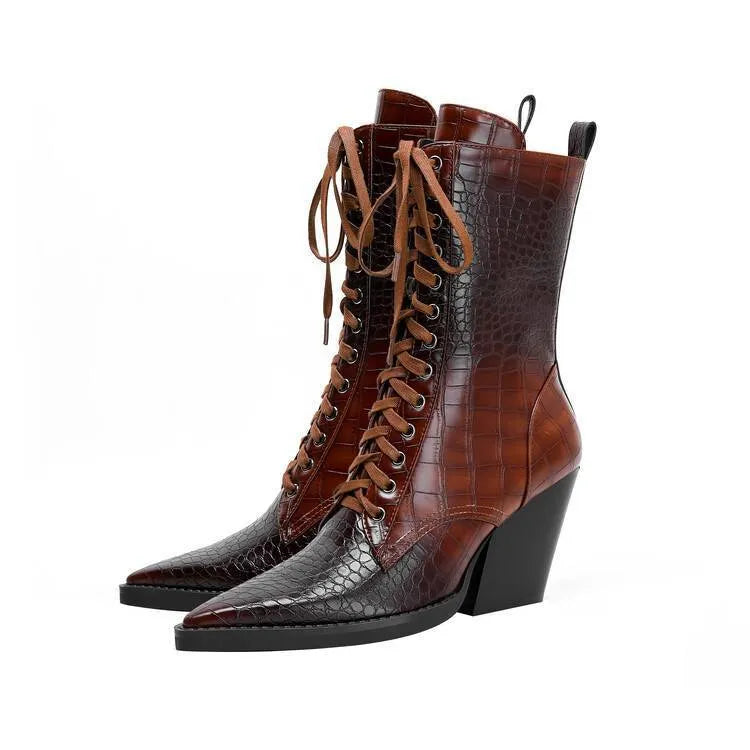 Women's dark brown retro ankle boots with stone pattern, pointed toe, lace front, and chunky heel
