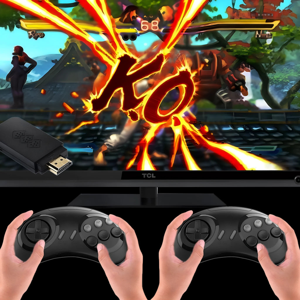 Mini wireless home game console in black with nostalgic style, ABS material, and wireless gamepad for children aged 6-14