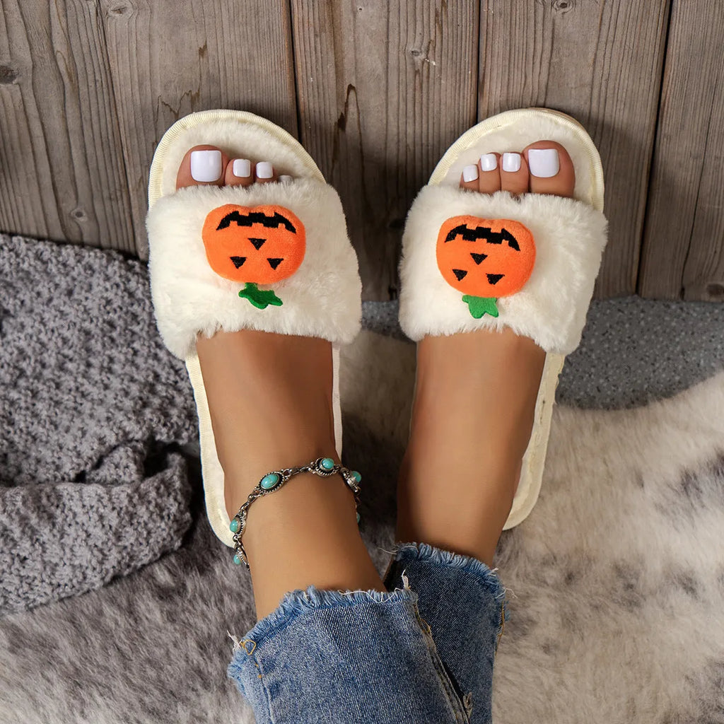 Halloween pumpkin plush slippers with cartoon design on synthetic fur upper, open toe style