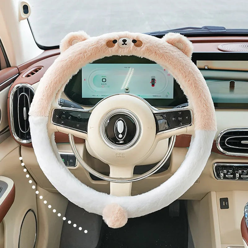 Rabbit fur plush steering wheel cover with embroidered panda, fitted on a 38cm car steering wheel.