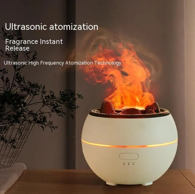 White and black ultrasonic aroma diffuser humidifier with round design and mechanical controls on a desk.