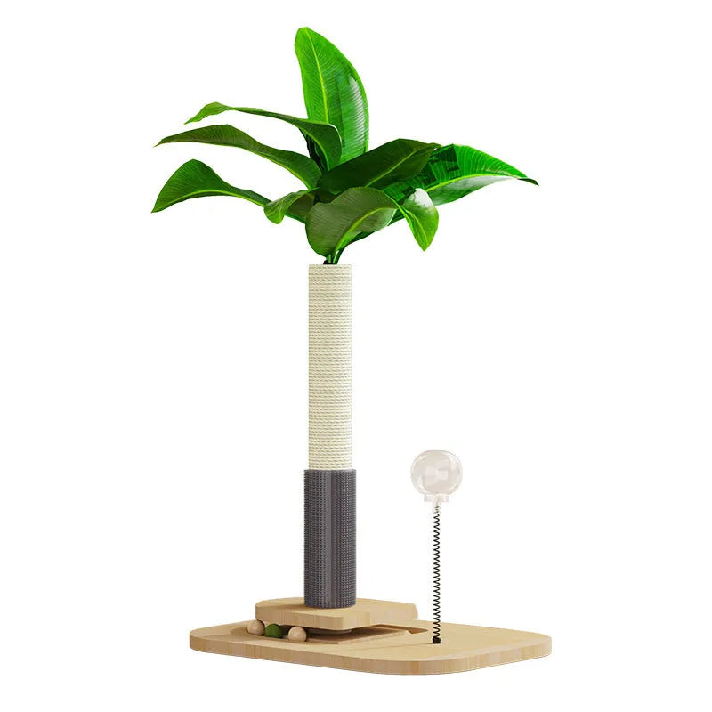 Vertical wooden cat scratching post with sisal rope column and a treat ball in the chamfered top