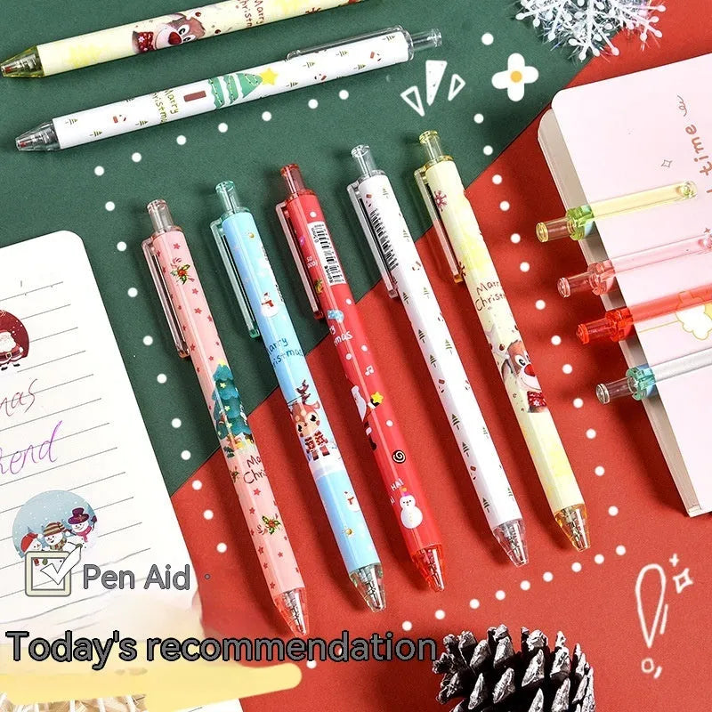Christmas reward gift press gel ballpoint pen set with six black ink refills in plastic shells