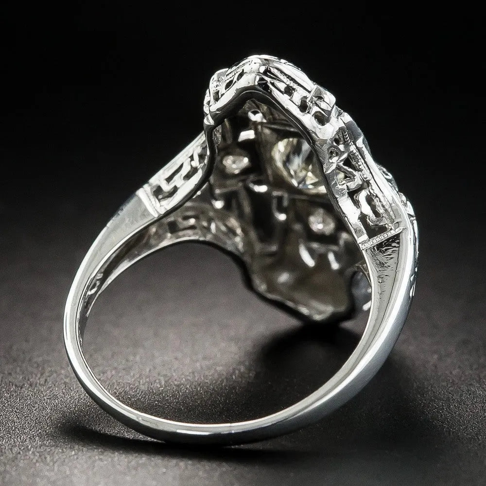 Silver electroplated hollow out geometric copper ring with diamond studs on finger